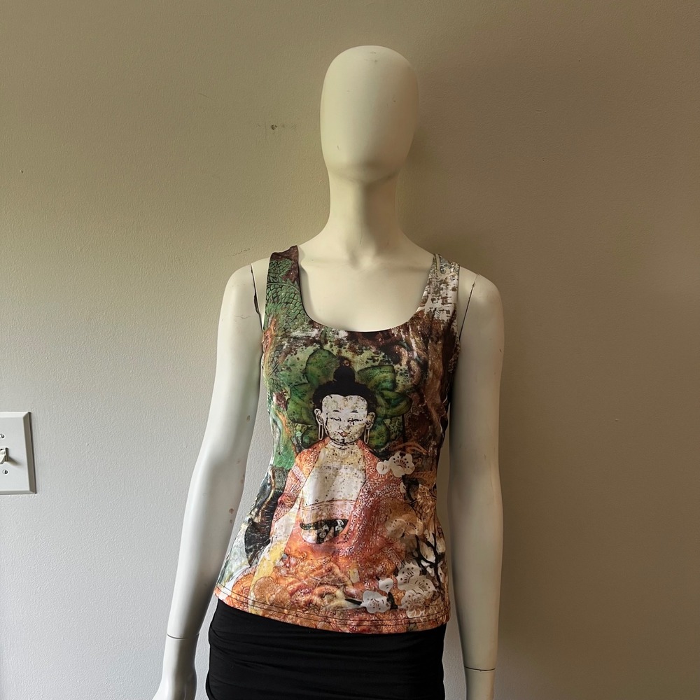 Vintage Y2K Buddha Graphic Mesh Tank Top 90s Art Print Boho Fairy Grunge M